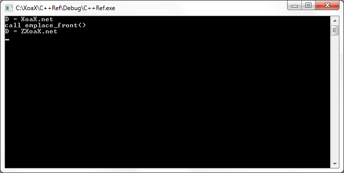 deque<X, A>::emplace_front() Output