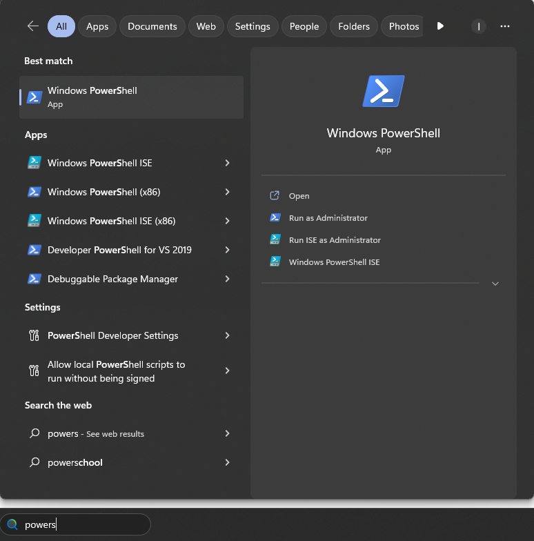 Seach for Windows Powershell