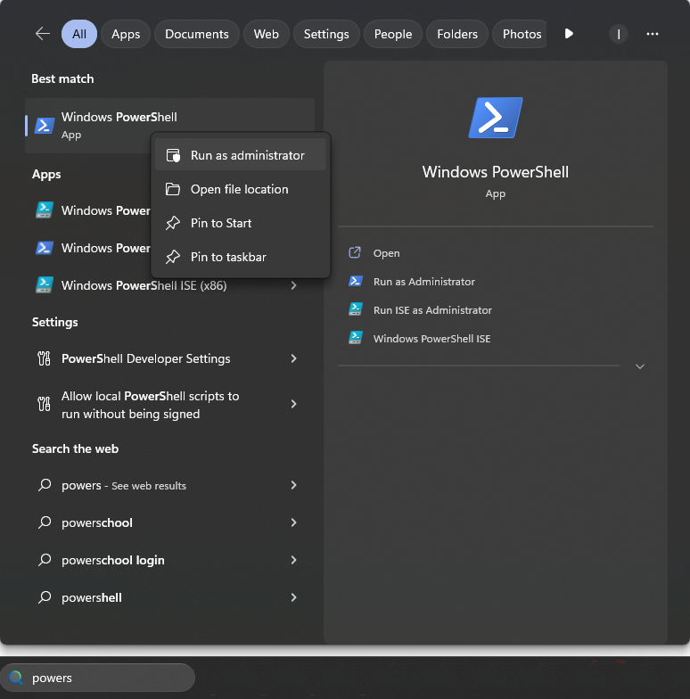 Right-click Windows Powershell